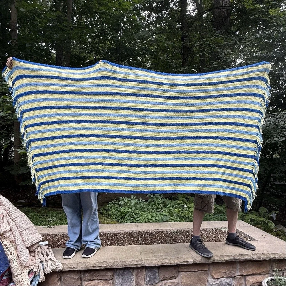 Handmade Crochet Striped Afghan 98x53 Blue Yellow Large Blanket Throw Fringe